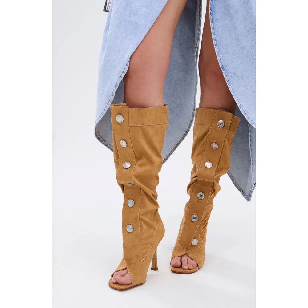 Azalea Wang Tan Kazuki Mid Calf High Boots Button Detail Open Toe Statement Heel